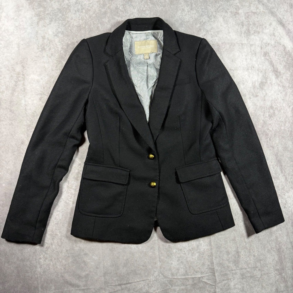 Banana Republic Womens 4 Black Wool Blend Hacking Jacket Blazer Gold Buttons